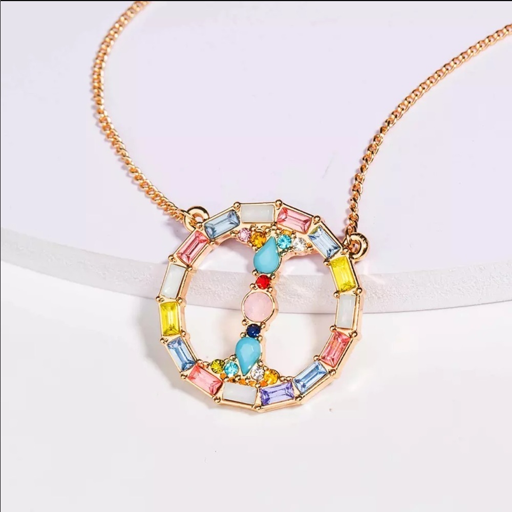 Round Circle Large Gold Initial Letter Necklace Charm Crystal Link I